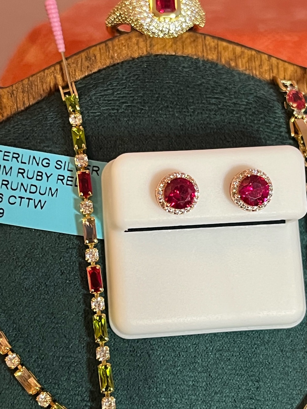 Multi-Gem Necklace, Bracelet, Red Gem Bracelet & Ring, Red Moissanite Earrings - Picture 7 of 9
